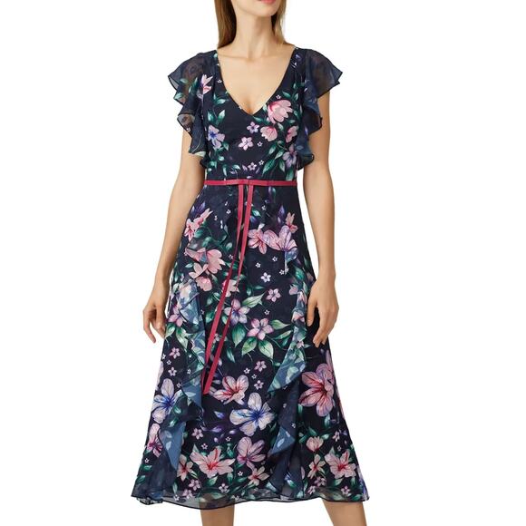 Marchesa Blue Floral Chiffon Midi Dress SIZE 6 Flocked Romantic Designer  $695